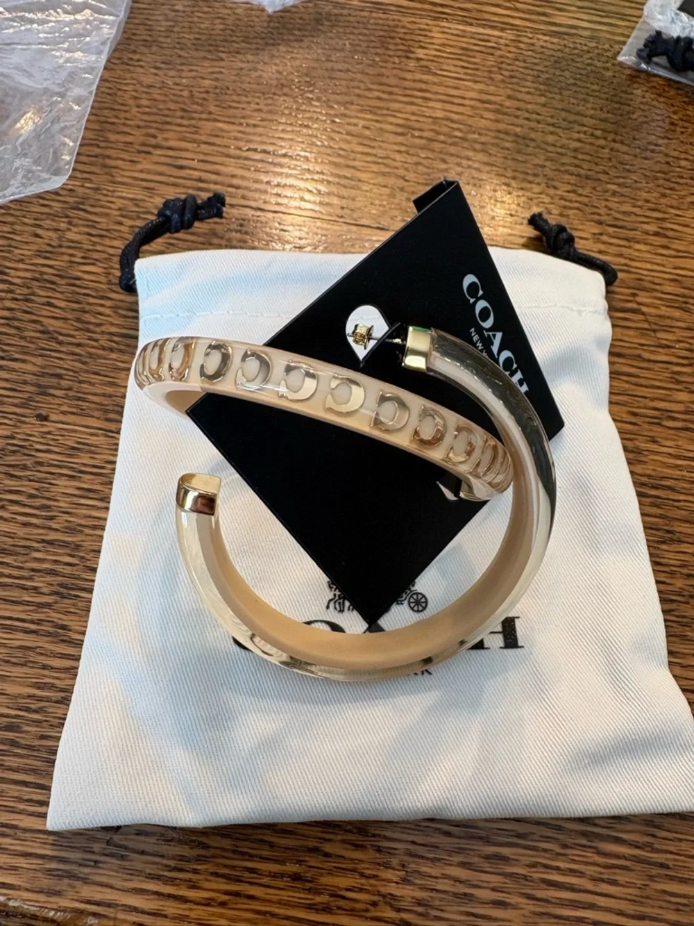 Coach Beige and Gold Hoop Earrings - Picture 2 of 5